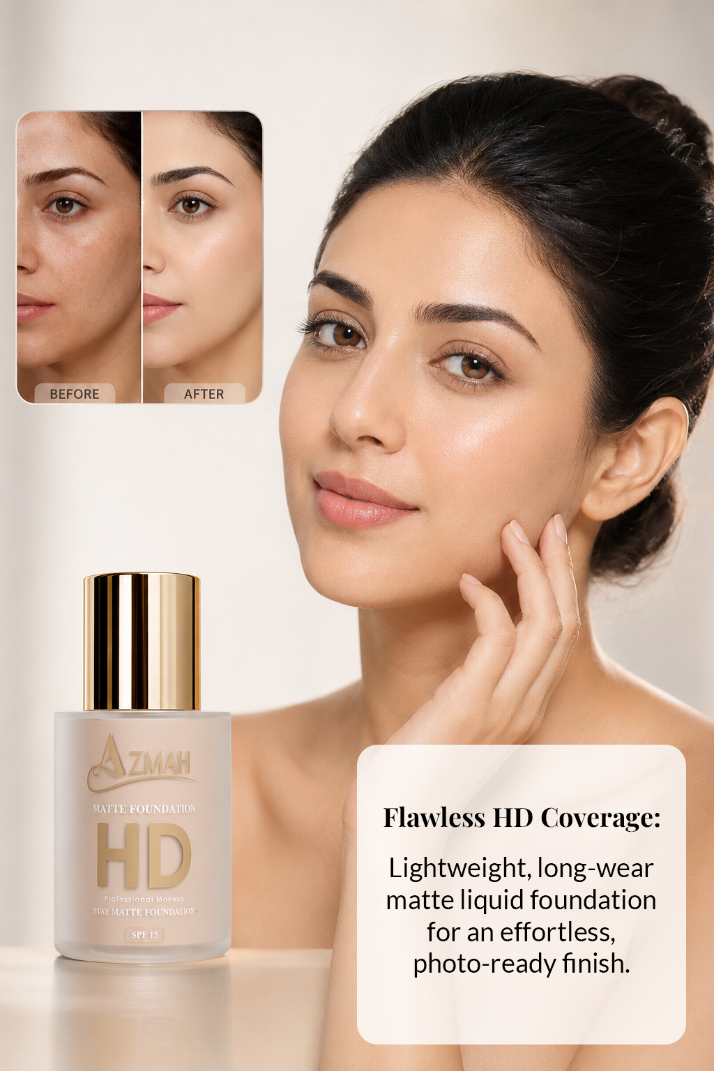 Premium HD Matte Liquid Foundation – 24HR Stay Matte Coverage with SPF 15