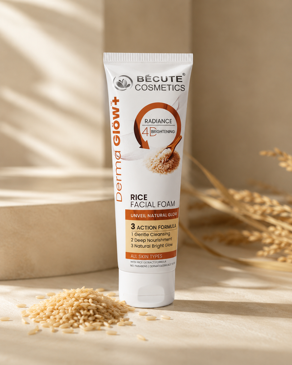 BÉCUTE Derma Glow+ Rice Facial Foam – 4D Brightening Radiance