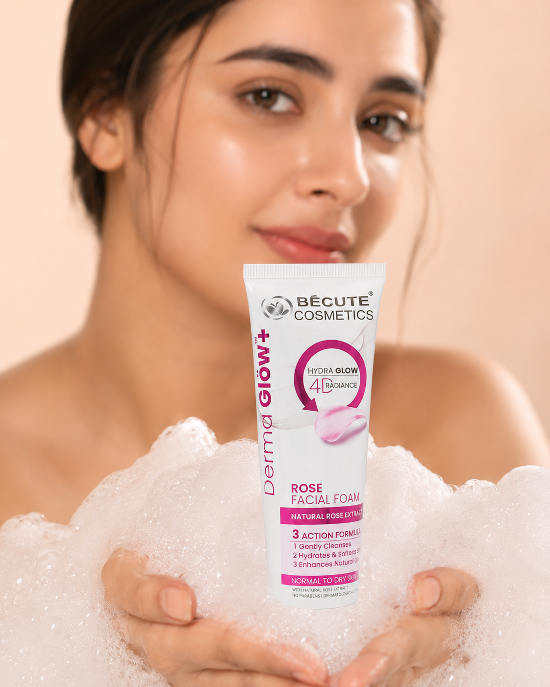 BÉCUTE Derma Glow+ Rose Facial Foam – Hydra Glow 4D Radiance