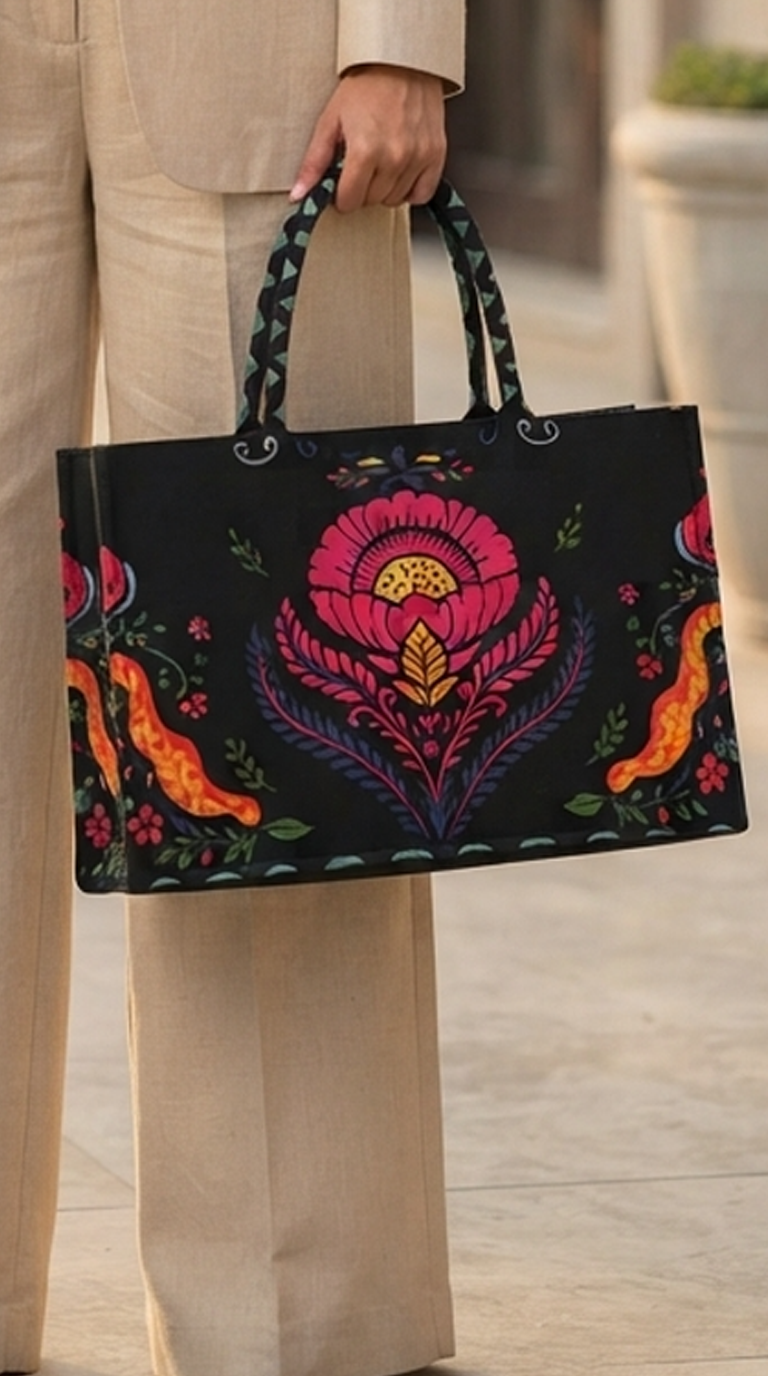 The Folkloric Bloom Black Canvas Tote