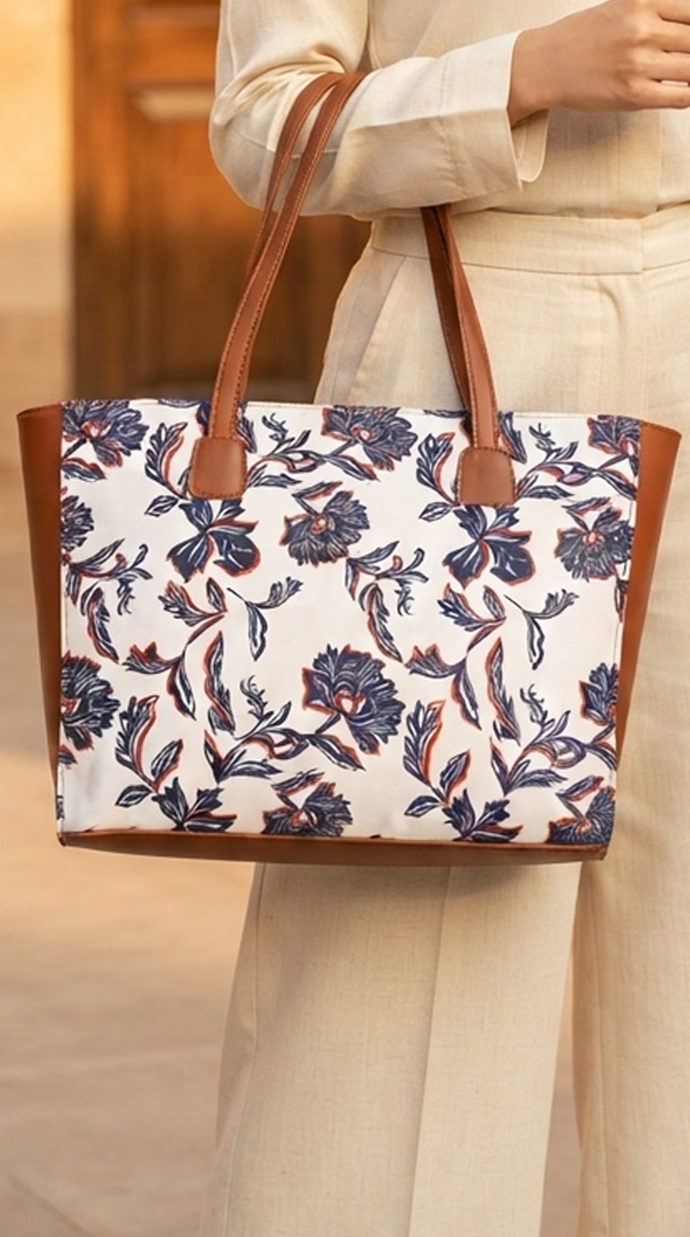 The Indigo Blossom Side Rexine Tote